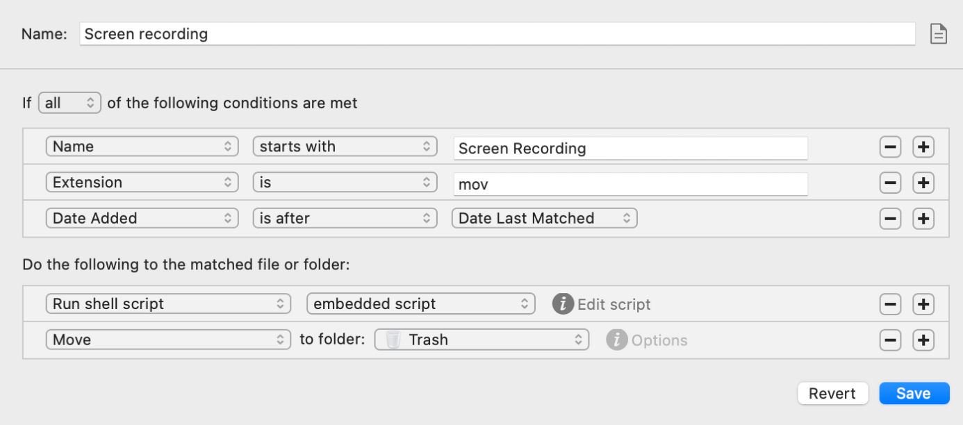 Hazel app showing file processing rules that encode a screen recording as mp4 after saving